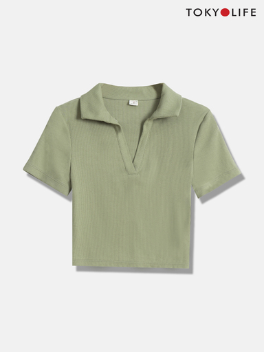 Áo polo nữ croptop vải rib cổ bổ trụ